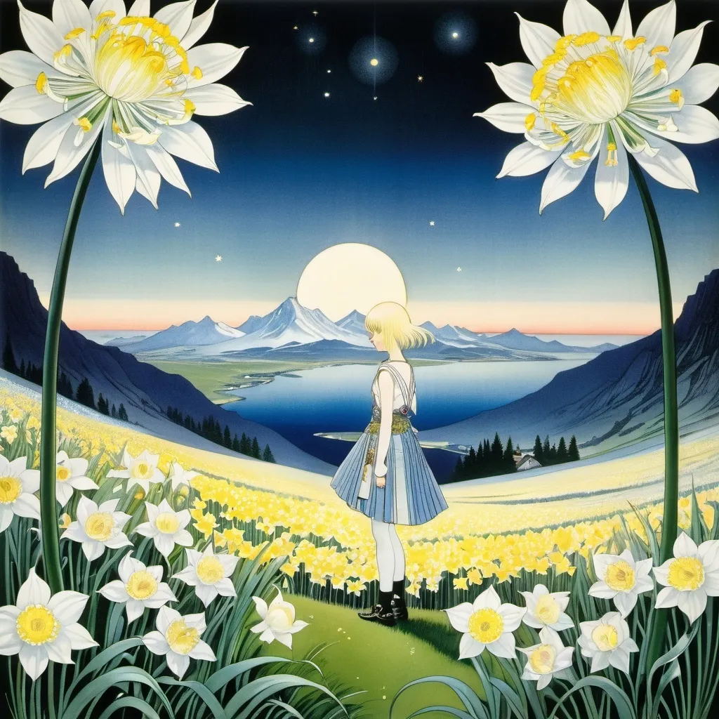 Prompt: Kay Nielsen, Albert Morrow, Helen Stratton full colours, Elizabeth Joyce Rivers, Yuu Watase, Surrealism, wonder, strange, fantastical, fantasy, Sci-fi, Japanese anime, a meadow of crystal daffodils at midnight, a beautiful high school girl in a miniskirt wandering in search of the North Star, perfect voluminous body, detailed masterpiece 