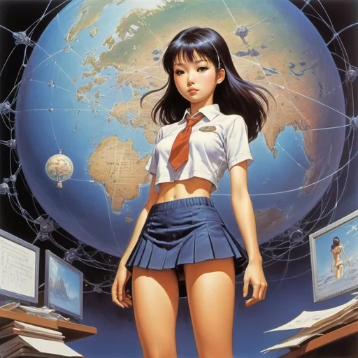 Prompt: John Harris, Bruce Pennington, Yuu Watase, Minako Narita, A E Marty, Surrealism, mysterious, strange, bizarre, fantasy, Sci-fi, Japanese anime, drawing from the mind onto paper, visualization of the network of imagination, miniskirt beautiful high school girl's homework time, perfect voluminous body, detailed masterpiece 