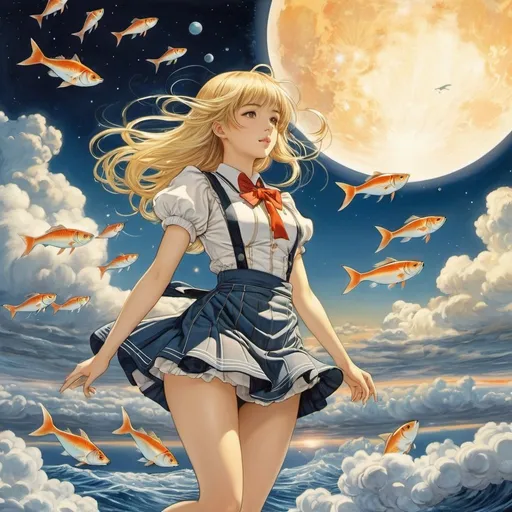 Prompt: Walter Crane, Naohisa Inoue, Surreal, mysterious, strange, fantastical, fantasy, sci-fi, Japanese anime, Between sunset and moonrise, catching fish from the clouds, Mathematics is the language of the universe, blonde miniskirt beautiful girl Alice, perfect voluminous body, detailed masterpiece low high angles 