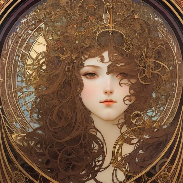 Prompt: Alphonse Mucha, Frank Pape, Katsuya Terad, Surreal, mysterious, strange, fantastical, fantasy, Sci-fi, Japanese anime, towering mathematical formulas, geometric universe, Tokyo scenery, miniskirt beautiful girl, machine that creates the starry sky, detailed masterpiece 