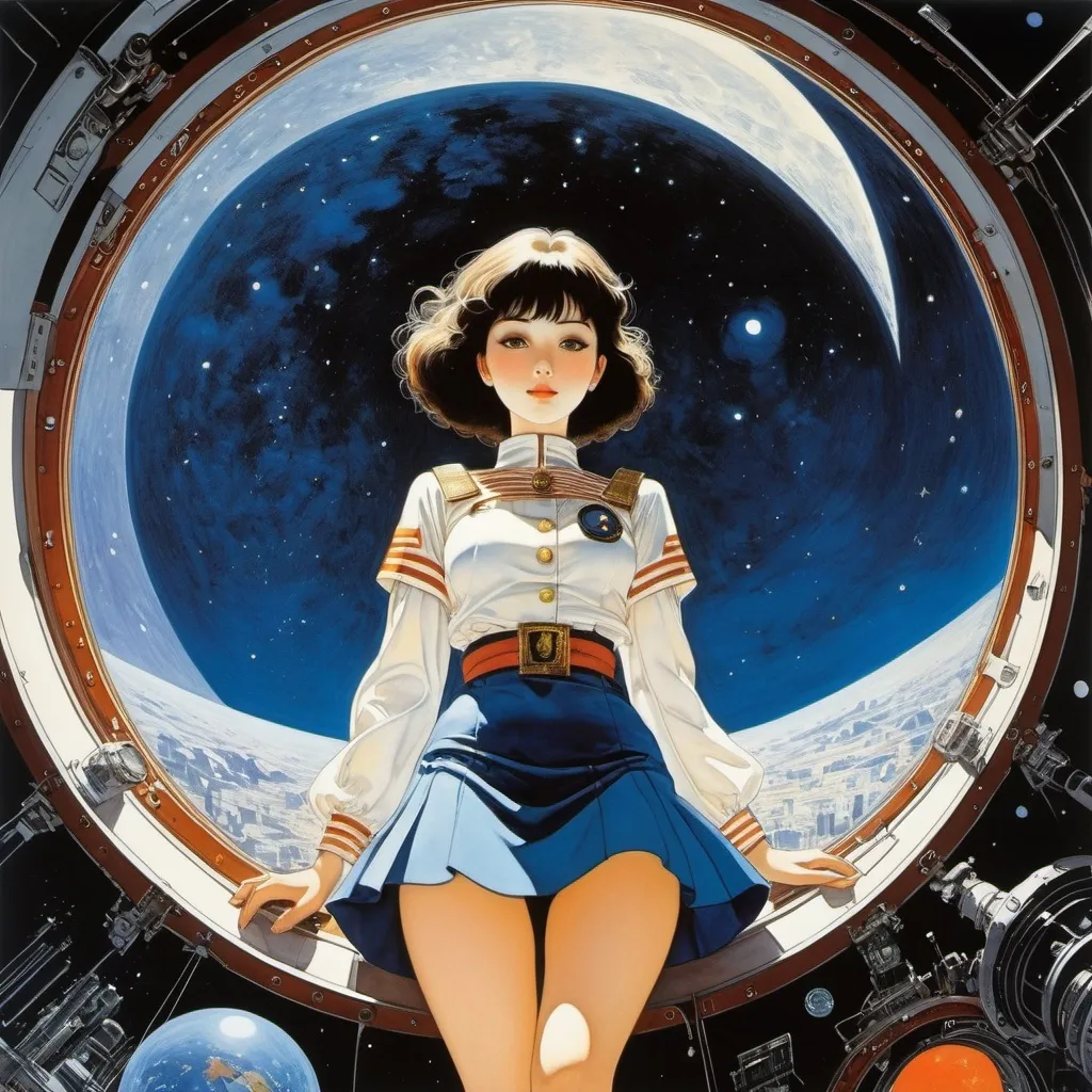 Prompt: Hajime Sorayana, Katsuhiro Otomo, Reuben Lane, Julie Bell, Edward Emshwiller, Harry Clarke, Surrealism, wonder, strange, bizarre, fantasy, Sci-fi, Japanese anime, galaxy in the basement, skyship carrying the moon, miniskirt beautiful girl captain, perfect voluminous body, hierarchical space observation observatory, detailed masterpiece 