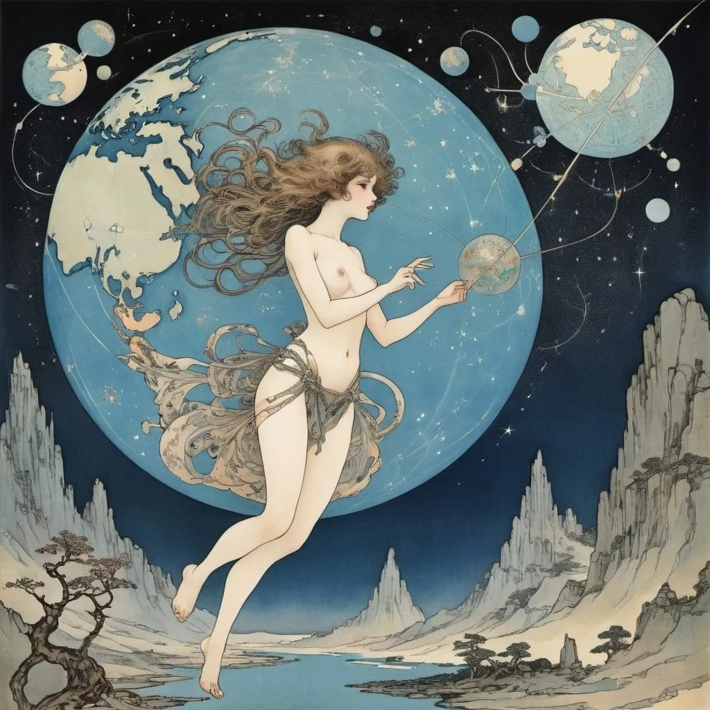 Prompt: Arthur Rackham, Daisukerichard, George Barbier, Elisa Macellari, Surrealism Mysterious Weird Fantastic Fantasy Sci-fi, Japan anime,  Beautiful Girl's Map, perfect voluminous body, illustration and Constellation Journey to Cygnus, detailed masterpiece 