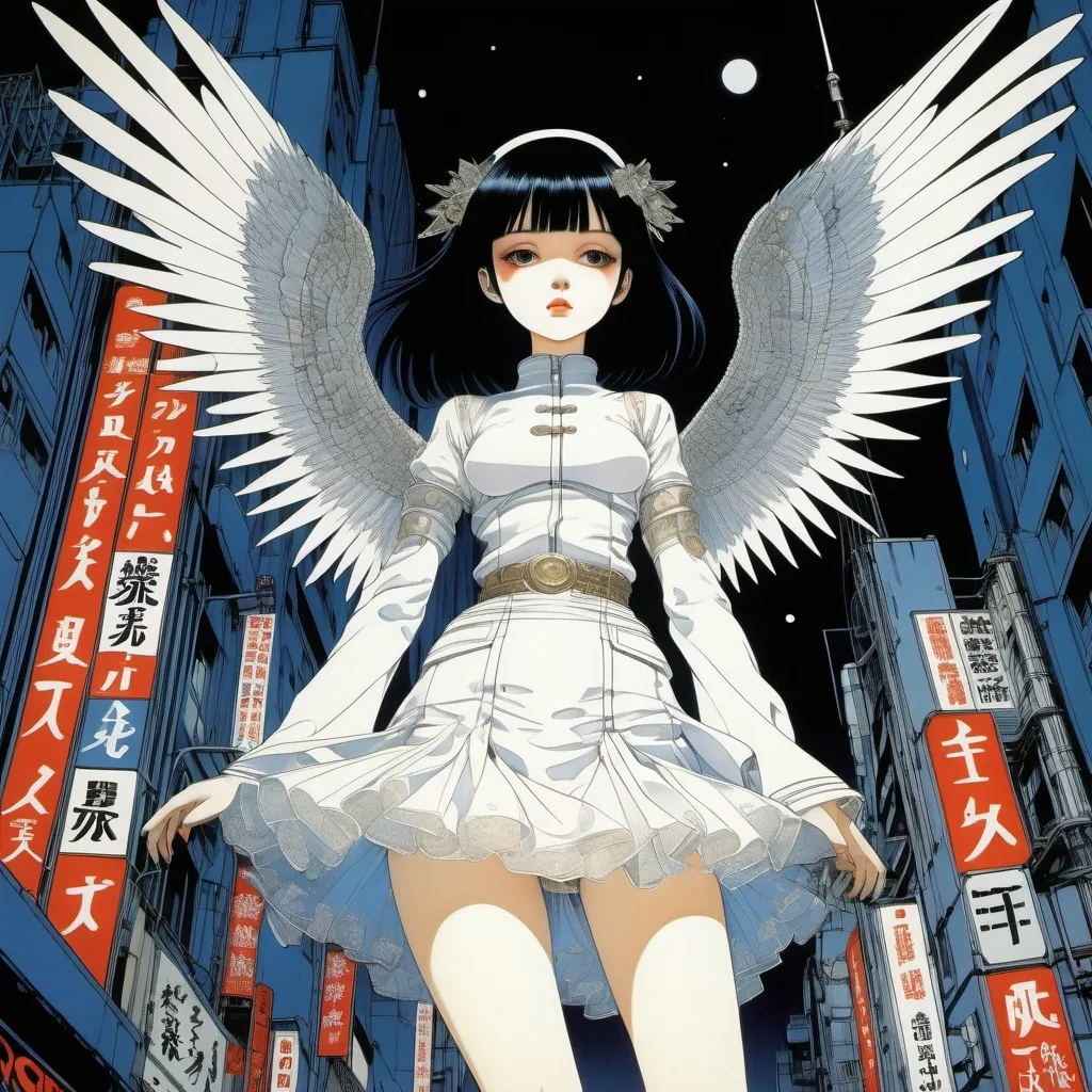 Prompt: Harry Clarke, yuu watase, Yuko Higuchi, Yuko Shimizu, Katsuhiro Otomo, Surrealism Mysterious Bizarre Fantastic Fantasy Sci-fi, Japanese Anime, Miniskirt Beautiful Girl Angel Who Crashed, perfect voluminous body, Broken Wings, Tokyo Tower, detailed masterpiece dynamic action