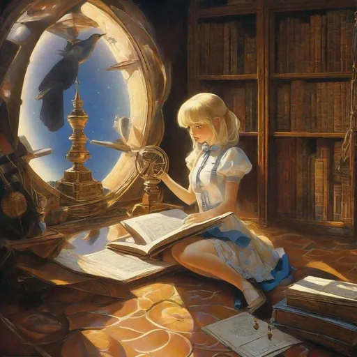 Prompt: Kelly Freas, Yumiko Igarashi, Surreal, mysterious, strange, fantastical, fantasy, Sci-fi, Japanese anime, old books, telescope, chessboard, mirror, blonde miniskirt beautiful girl Alice, perfect Voluminous body, detailed masterpiece sharp focus bird’s eye view perspectives cinematic lighting 