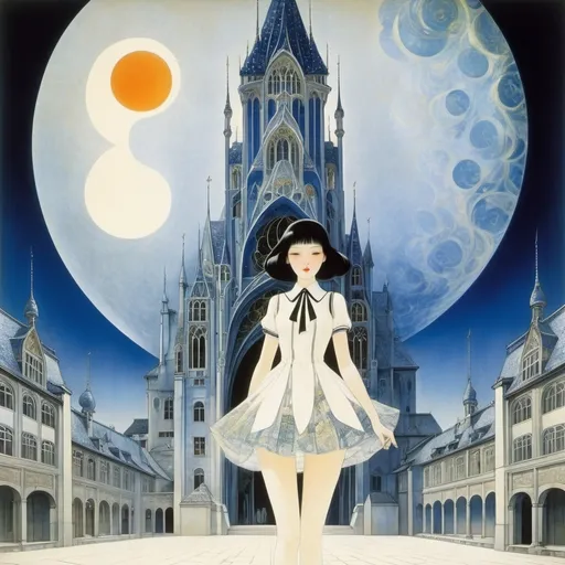 Prompt: Kay Nielsen, Ana Oncina, Tamayo Akiyama, Marc Chagall, Victoria Francés, Surrealism, Mysterious, Bizarre, Outlandish, Fantasy, Sci-Fi, Japanese Anime, Physics of Vision, Design and Illustrations of Invisible Architecture, Miniskirt Beautiful High School Girl, perfect voluminous body, detailed masterpiece 