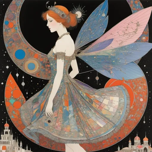 Prompt: Harry Clarke, Paul Bonner, Wenzel Jamnitzer full colours, Sultan Mohammed, Carolina Zambrano, Surrealism, wonder, strange, bizarre, fantasy, Sci-fi, Japanese anime, geometry, origami, sometimes space, auxiliary lines of fantasy, comets of non-Euclidean geometry, research of a beautiful high school girl in a miniskirt, perfect voluminous body, detailed masterpiece hand coloured fine line drawings angles low high perspectives 