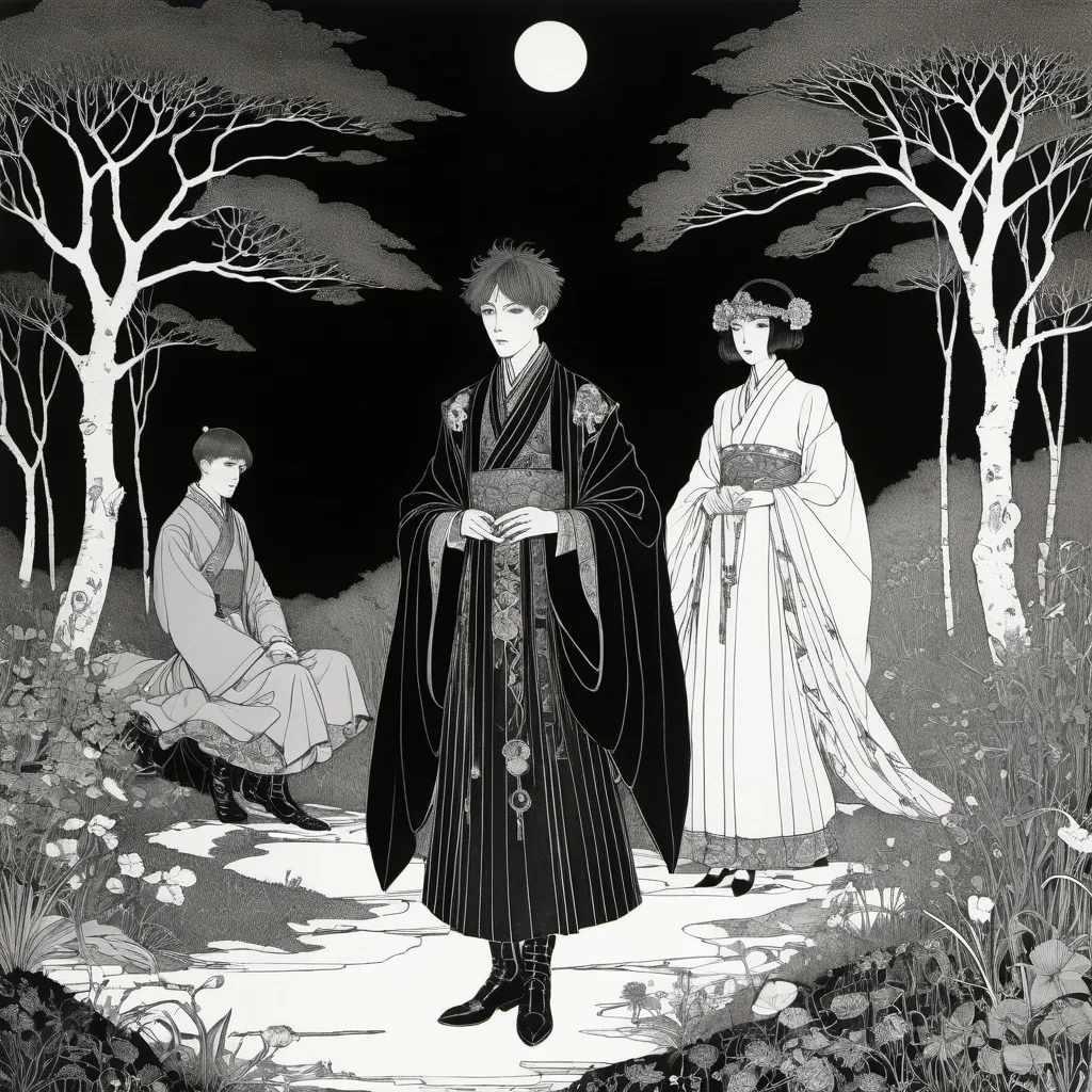 Prompt: Harry Clarke, Joe Hargan, Kanan Minami, Frances E (MacNair) MacDonald, Aubrey Beardsley full colours, Surrealism, wonder, strange, bizarre, fantasy, Sci-fi, Japanese anime, hunting in the darkness, night, words, and a journey to the end of the world, the tragic love between a miniskirt beautiful girl and the king of darkness, perfect voluminous body, detailed masterpiece 