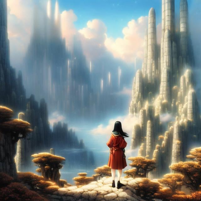Prompt: Takeo Takei, Arnold Lobel, Surreal, mysterious, strange, fantastic, fantasy, sci-fi fantasy, anime, miniskirt beautiful girl searching for the holy grail, perfect voluminous body, desolate earth, towering columns, wine, detailed masterpiece 