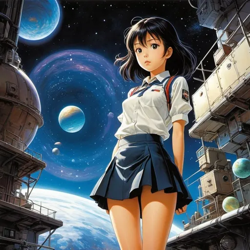 Prompt: Hiroshi Masumura, Shigeru Tamura, Jean-Claude Mézières, surreal, mysterious, bizarre, fantastic, fantasy, Sci-fi, Japanese anime, observing the galaxy in the basement, secret observatory, beautiful high school girl in a miniskirt, perfect voluminous body, minerals and planets, detailed masterpiece 