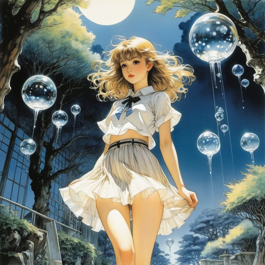 Prompt: Arthur Rackham, Hermine Stilke, Carlo Stanga, Katsuhiro Otomo, Yuu Watase, Surrealism, wonder, strange, bizarre, fantasy, Sci-fi, Japanese anime, sea of ​​crepe myrtle, night museum, beautiful high school girl in a miniskirt drawing a transparent crystal structure on the campus, perfect voluminous body, detailed masterpiece