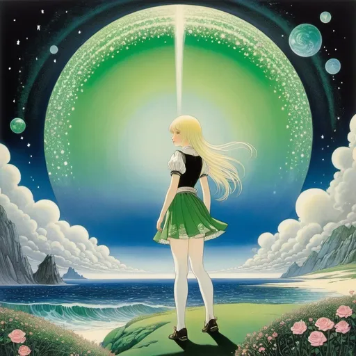 Prompt: Kay Nielsen, Rose O'Neill, Surreal, mysterious, strange, fantastical, fantasy, Sci-fi, Japanese anime, sea, microorganisms, green, earth, stars, sky, rainbow, blonde miniskirt beautiful girl Alice, perfect voluminous body, detailed masterpiece 