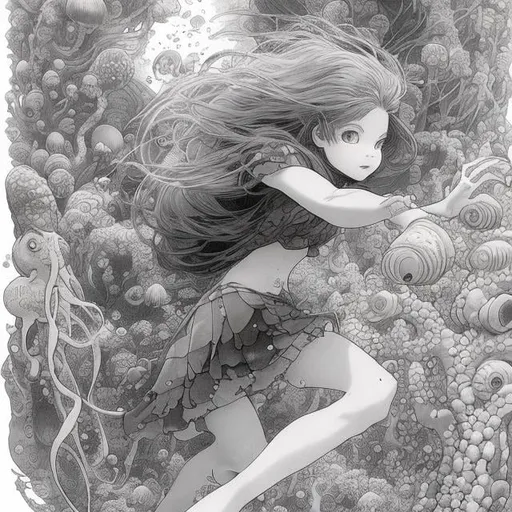 Prompt: Charles Robinson, Errol le cain, Maurice Sendak Japanese Anime　Sci-Fi Fantasy　Girl diving into the sea　Beautiful face　Miniskirt schoolgirl　monkfish　jellyfish　Coral Forest　octopuses　A large number of bubbles