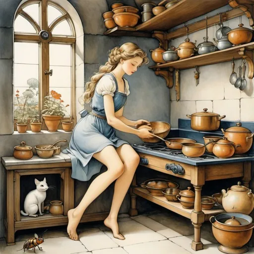 Prompt: Anton Pieck, Elsa Beskow, Surreal, mysterious, bizarre, fantastical, fantasy, Sci-fi, Japanese anime, cooking, sundials, insects, the birth of life from space, evolution, nuclear power, artificial intelligence, miniskirt beautiful girl who sees eternity in stone, perfect voluminous body, detailed masterpiece 