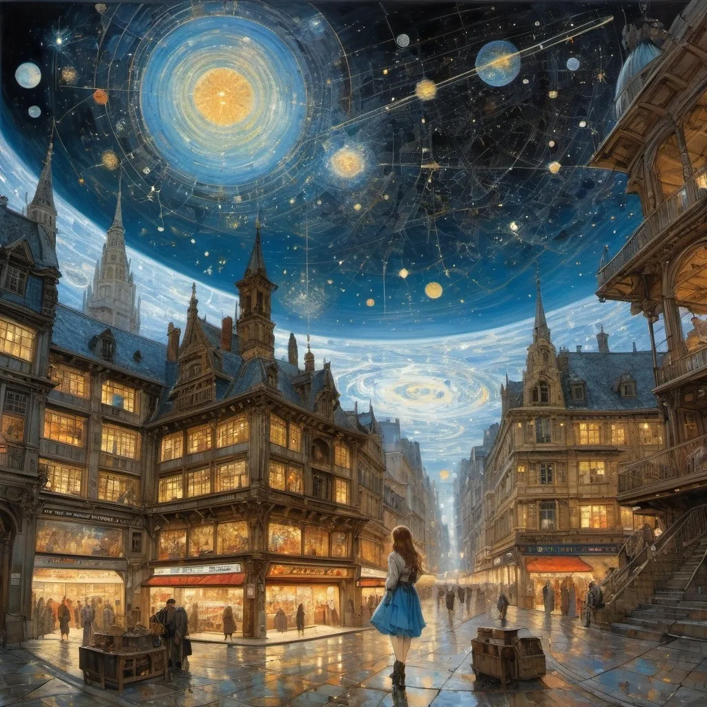 Prompt: Edward Atkinson Hornel, Jean Giraud, Baron Yoshimoto, Boris Artzybasheff, Surrealism, mysterious, bizarre, Edna Eicke, fantastical, fantasy, Sci-fi, Japanese anime, constellations of fire seen from a star map, a beautiful high school girl in a miniskirt, perfect voluminous body, a dwarf in a shop, searching for stars in the underground world, detailed masterpiece 