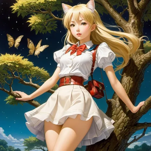 Prompt: Erwin Puchinger, Yumiko Igarashi, Surreal, mysterious, strange, fantastical, fantasy, Sci-fi, Japanese anime, Singing night tree, big cat, blonde miniskirt beautiful girl Alice, perfect voluminous body, dynamic, music box, detailed masterpiece 