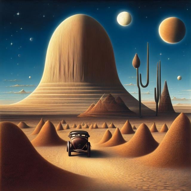 Prompt: Johfra Bosschart, Kay Sage, Surreal, mysterious, strange, fantastical, fantasy, Sci-fi, Japanese anime, Desert Wheel, Swing Moon, Beetle, Characters who escaped from the novel, detailed masterpiece depth of field cinematic lighting 