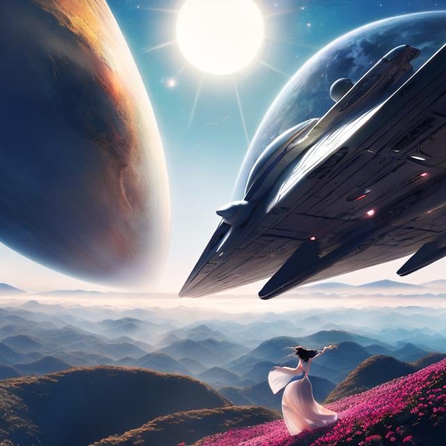 Prompt: Kikuji Yamashita, Kazune Kawahara, Surreal, mysterious, bizarre, fantastical, fantasy, Sci-fi, Japanese anime, beautiful women in dresses dancing on giant piano keyboard, symphony orchestra, spaceship at sunrise, detailed masterpiece 
