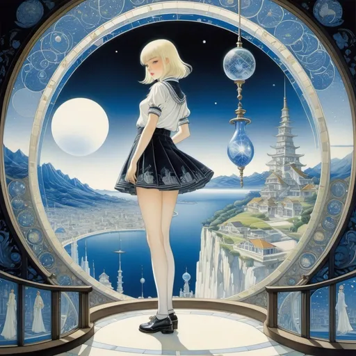 Prompt: Kay Nielsen, Edgar P. Jacobs, Leo Timmers, Surrealism Mysterious Weird Fantastic Fantasy Sci-fi, Japanese Anime, Perspective view of a beautiful high school girl in a miniskirt, Drawing the world with geometry, Blueprint Inside a glass bottle, detailed masterpiece 
