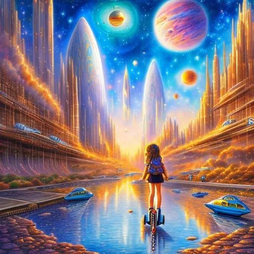 Prompt: John Stephens style, city on mars, spaceship landing, girl on flying scooter, detailed, see galaxy in sky above, sketch and water colour, hyperdetailed high resolution high definition high quality masterpiece 