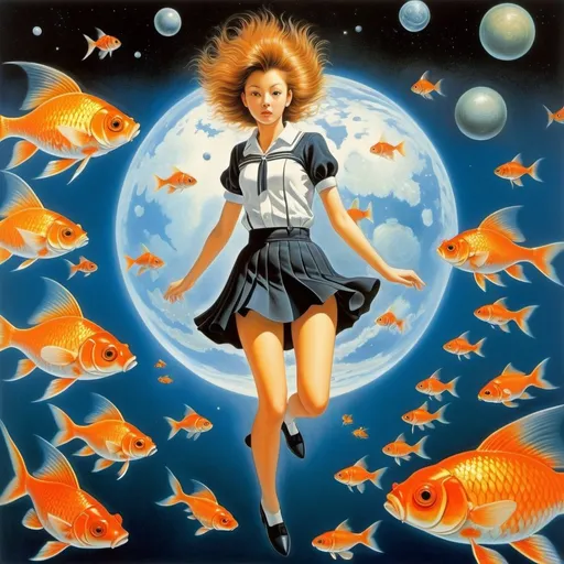 Prompt: Remedios Varo, Peter Elson, Surreal, mysterious, strange, fantastical, fantasy, Sci-fi, Japanese anime, prism, school of goldfish, orbiting satellite, beautiful high school girl in miniskirt, perfect voluminous body, detailed masterpiece, hand colour drawings