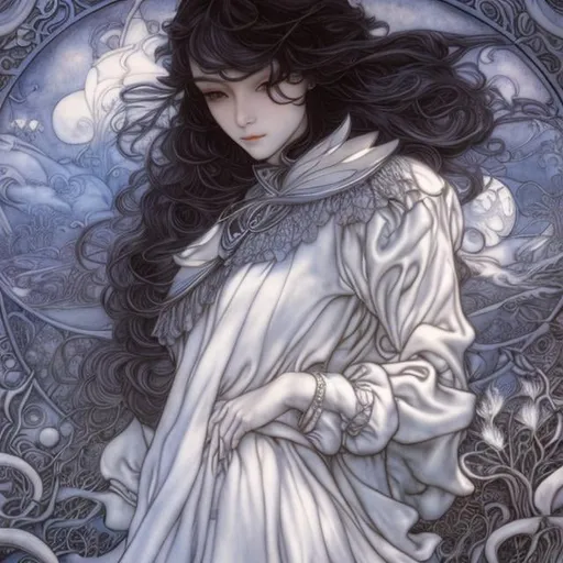 Prompt: Arthur Rackham, James Jean, moto hagio, Surreal, mysterious, bizarre, fantastical, fantasy, Sci-fi, Japanese anime, symbolism closely related to everyday life, circles, crosses and squares, trees, monsters and animals, rites of passage, festivals, numbers, body and clothing, miniskirt beautiful high school girl, perfect voluminous body, detailed masterpiece 