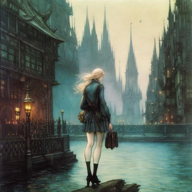 Prompt: Arthur Rackham, Edward Mason Eggleston, Surreal, mysterious, bizarre, fantastical, fantasy, Sci-fi, Japanese anime, foreign land, nostalgia, imaginative, surrealist city, friends, comical, discovery, wonder, dreaminess, the birth of the image of a beautiful high school girl in a miniskirt, perfect voluminous body, detailed masterpiece 