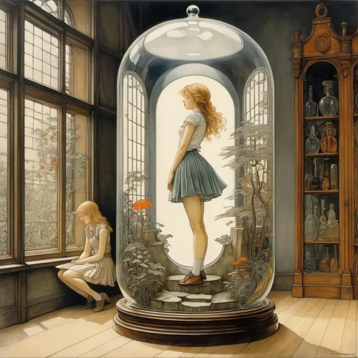 Prompt: Arthur Rackham, James Jean, George Barbier, Elsa Beskow, Lola Anglada, Remedios Varo, Surrealism, Mysterious, Bizarre, Outlandish, Fantasy, Sci-Fi, Japanese Anime, Miniskirt Beautiful High School Girl Observing the World from inside a Glass Bottle, perfect voluminous body, detailed masterpiece angles perspectives high low 