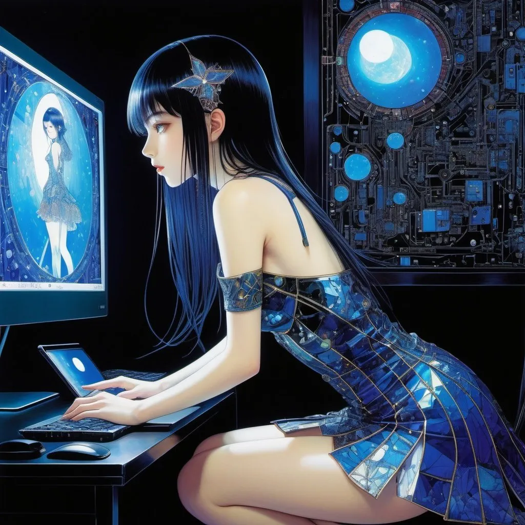 Prompt: Harry Clarke, Naoyuki Kato, Surreal, mysterious, strange, fantastical, fantasy, Sci-fi, Japanese anime, miniskirt beautiful girl leaning out from the computer screen, cyber beautiful girl, perfect voluminous body, study room, detailed mas