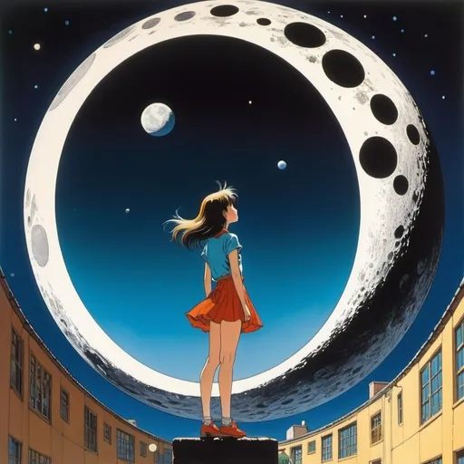 Prompt: Theodor Seuss (Dr Seuss) Geisel, Harry Clarke, Cecil Calvert Beall, Naoyuki Kato, Yuu Watase, Surrealism, Mysterious, Weird, Outlandish, Fantasy, Sci-Fi, Japanese Anime, Moon is A spherical mirror or reflecting the the universe, A beautiful high school girl in a miniskirt looking up at a 7 meter diameter moon floating in the schoolyard, perfect voluminous body, detailed masterpiece low high angles perspectives dynamic action 