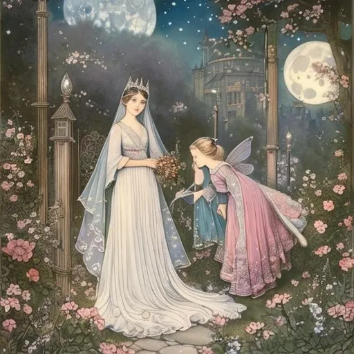 Prompt: Cicely Mary Barker, Margaret Tarrant, Virginia Frances Sterrett, street of london, 18th century, huge moon, hourglass in night, beautiful fairy lady, to a Ball, hyper detailed, Japanese anime, manga lines, high quality high resolution high definition masterpiece , colour