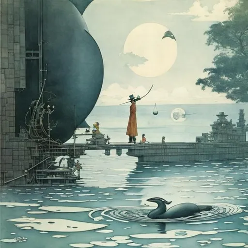 Prompt: Heath Robinson, Kurt Schwitters , Surreal, mysterious, strange, fantastical, fantasy, Sci-fi, Japanese anime, swimming elephant, floating crescent moon, flying lady, detailed masterpiece 