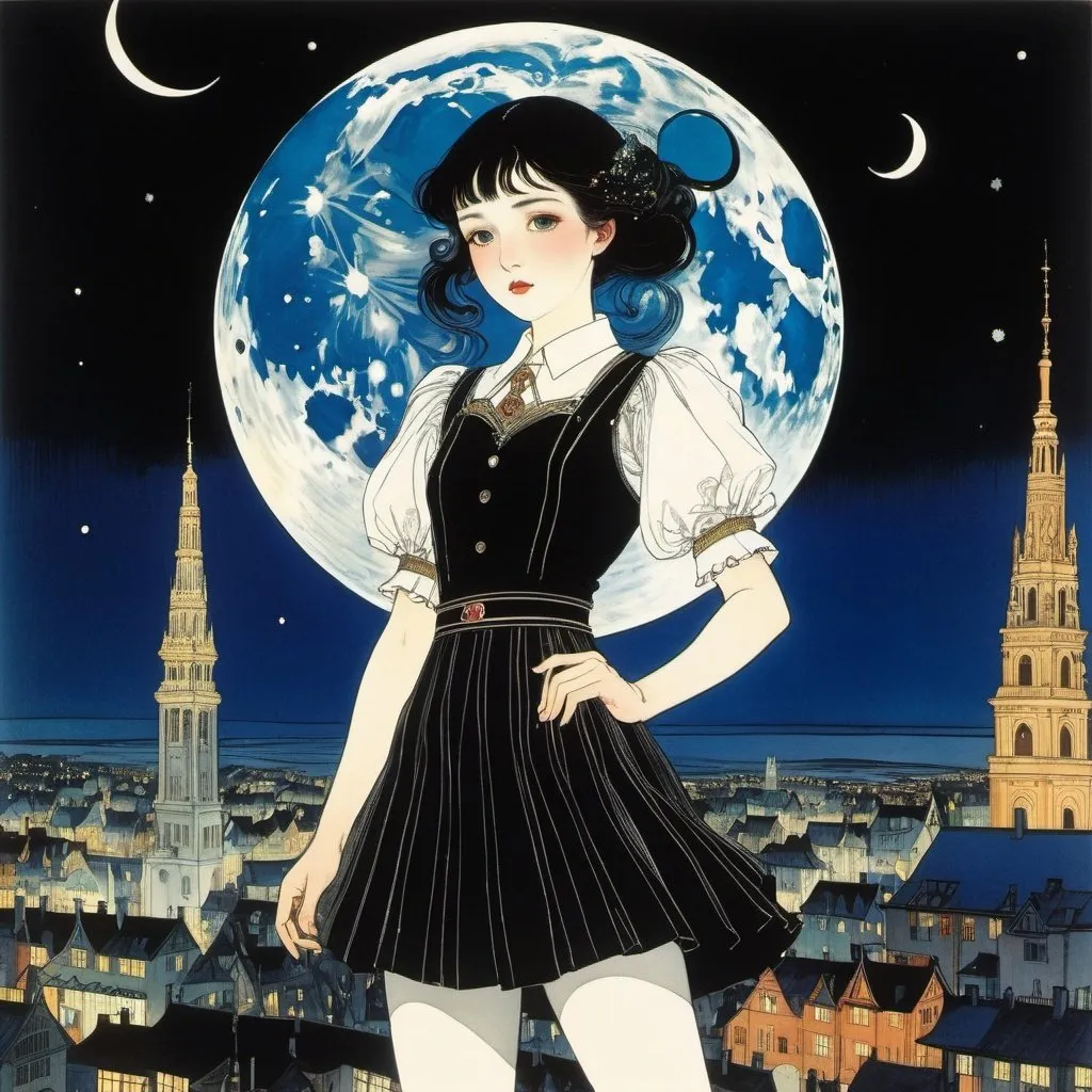 Prompt: Harry Clarke, Elsa Beskow, Lev Kaplan, Surrealism Mysterious Weird Fantastic Fantasy Sci-Fi, Japanese Anime, Canned Crescent Moon Moonlight Waltz, City Sinking in Darkness, Miniskirt Beautiful High School Girl, perfect voluminous body, detailed masterpiece 