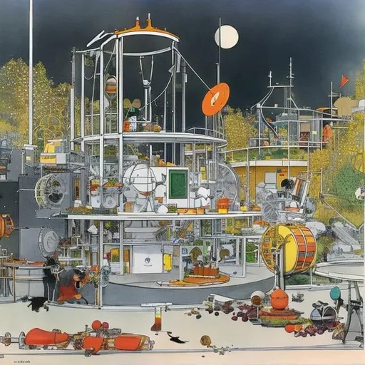 Prompt: Heath Robinson　wondrous　strange　Whimsical　surreal　humor　absurderes　fanciful　Sci-Fi Fantasy　Lunar accelerator　Soft Machine　Time for Us　Star EatinG, colour 