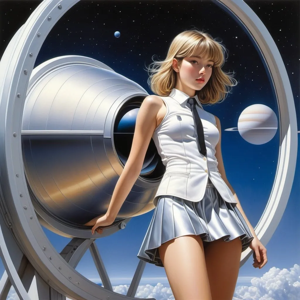 Prompt: Erin Stead, Hajime Sorayama, Surreal, mysterious, bizarre, fantastic, fantasy, Sci-fi fantasy, anime, viewing Saturn in perspective, optical lens system design for an astronomical telescope, miniskirt astronomical beautiful high school girl, perfect voluminous body, cross-sectional view, developed view, detailed masterpiece 