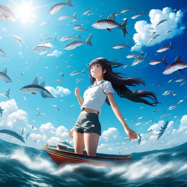 Prompt: Shigeru Tamura, Helen Mary Jacobs, Surreal, mysterious, strange, fantastic, fantasy, Sci-fi, Japanese anime, small boat in the ocean, encountering a large school of flying fish, composition looking up, blue sky, clouds, beautiful girl boatman, perfect voluminous body, detailed masterpiece 
