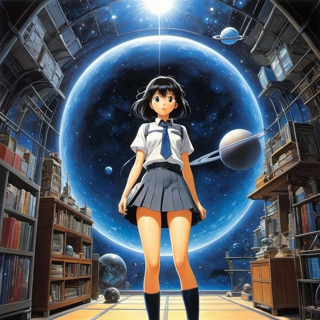 Prompt: Hiroshi Masumura, Shigeru Tamura, Jean-Claude Mézières, surreal, mysterious, bizarre, fantastic, fantasy, Sci-fi, Japanese anime, observing the galaxy in the basement, secret observatory, beautiful high school girl in a miniskirt, perfect voluminous body, minerals and planets, detailed masterpiece 