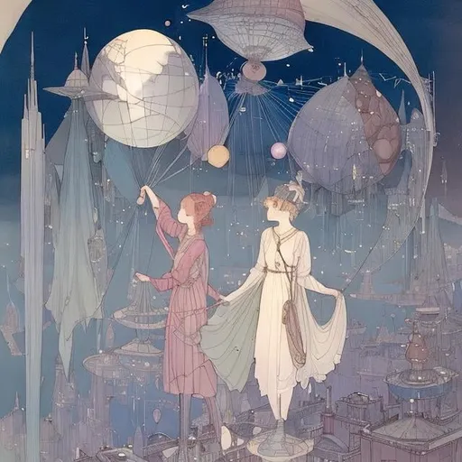 Prompt: Anne Anderson, Margaret Tarrant, Edmund Dulac, Heath Robinson, surreal　wondrous　strange　Whimsical　fanciful　Sci-Fi Fantasy　Girl and Sphere　Dream of Three-Dimensional Development Diagram　leaves falling　Perspective view　The three-point method of distance and proximity　architectural Solo girl