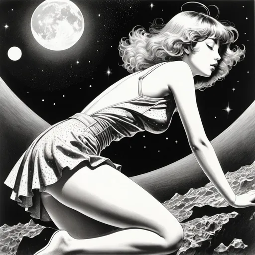 Prompt: Virgil Finlay, Hans Bellmer, Sydney Sime, Edmond Dulac, Ichiro Tsuruta, Surrealism, wonder, strange, bizarre, fantasy, sci-fi, Japanese anime, meteor shower in the underground world, between the lunar and solar eclipses, a beautiful high school girl in a miniskirt dives into the night sky, perfect voluminous body, detailed masterpiece cute coquettish 