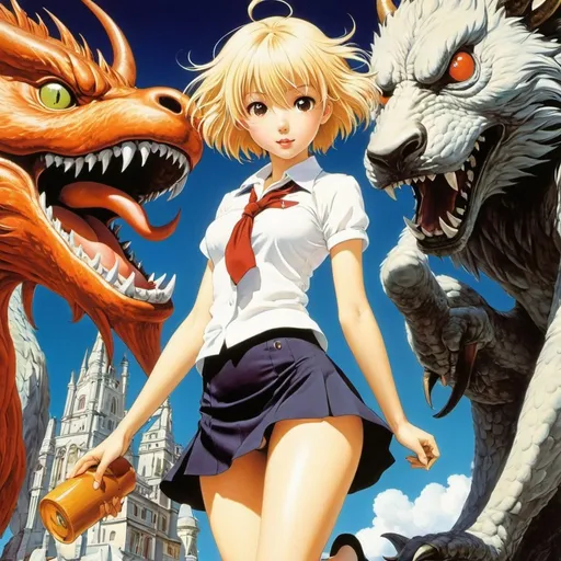 Prompt: Yuu Watase, Richard Morden, Mathieu Lauffray, Anne Anderson, Jean Frisano, Heath Robinson, Surrealism, wonder, strange, bizarre, fantasy, Sci-fi, Japanese anime, monster heaven, a beautiful high school girl in a miniskirt having fun playing with monsters, perfect voluminous body, detailed masterpiece 