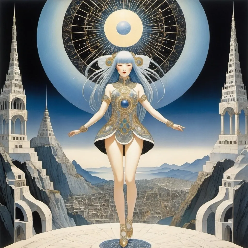 Prompt: Kay Nielsen, Clement Hurd, Katsura Hoshino, Rie Cramer, Camilla Mickwitz, Surrealism, wonder, strange, bizarre, fantasy, Sci-fi, Japanese anime, dream healer, mask designer, mosaic artist, miniskirt beautiful girl astrologer, perfect voluminous body, future of the ancient city, detailed masterpiece low high angles perspectives 