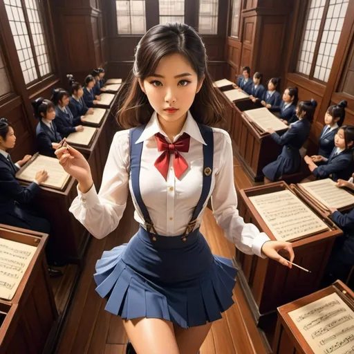 Prompt: Takeo Takei, George Wolfe Plank, Surreal, mysterious, strange, fantastical, fantasy, Sci-fi, Japanese anime, Clock Tower Orchestra, miniskirt beautiful girl conductor, perfect voluminous body, bird's eye view, detailed masterpiece 