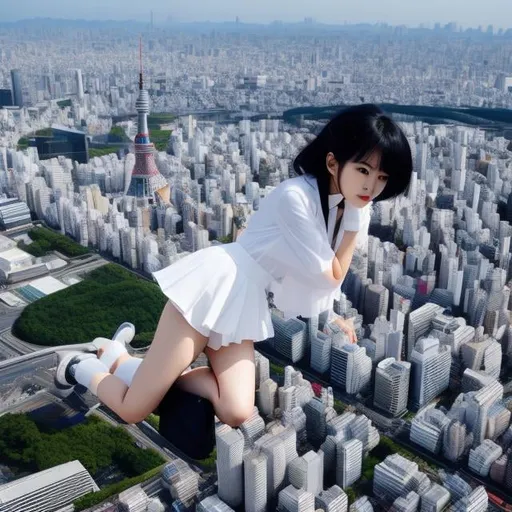 Prompt: Junaida, Naoyuki Katoh, Surreal, mysterious, strange, fantastical, fantasy, Sci-fi, Japanese anime, giant miniskirt beautiful high school girl, perfect voluminous body, Tokyo sightseeing, as tall as Tokyo Tower, peace in a commemorative photo, boyish short hair, bird's eye view, perspectives angles realistic 