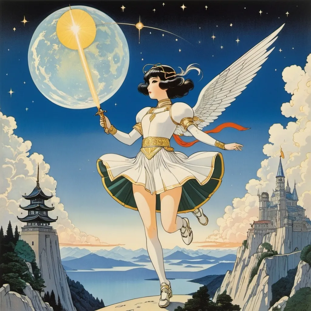 Prompt: Hilda Cowham, Moto Hagio, František Muzika, George Barbier, Adolf Hoffmeister, Surrealism Mysterious Weird Fantastic Fantasy Sci-fi, Japanese Anime, Knight and Miniskirt Beautiful Princess and Meteor, perfect voluminous body, Flying Practice, detailed masterpiece 