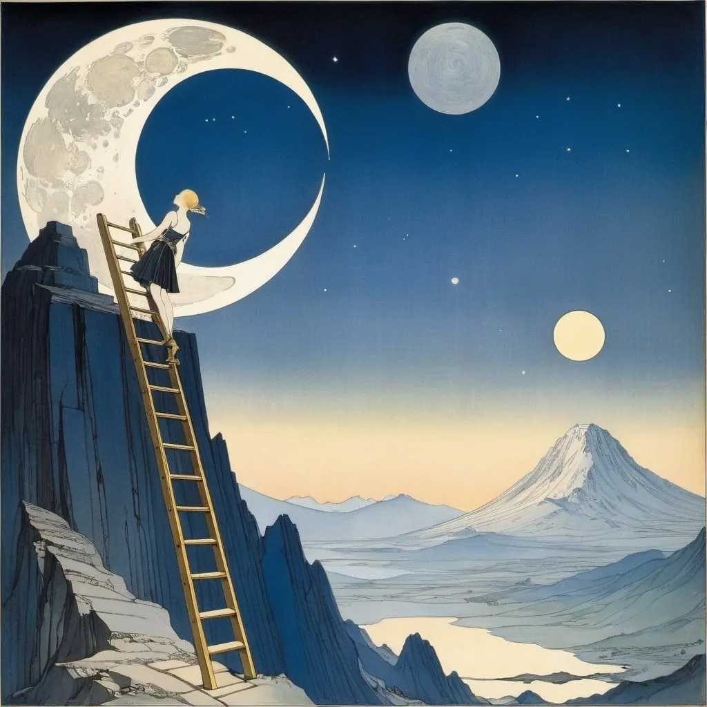 Prompt: Kay Nielsen, Robert Anning Bell, John Absolon, Jack Abeillé, Tadeusz Gronowski, Surrealism, wonder, strange, fantastical, fantasy, Sci-fi, Japanese anime, A beautiful carpenter in a miniskirt repairs a wooden moon, perfect voluminous body, Climbing a ladder from the top of a mountain, detailed masterpiece 