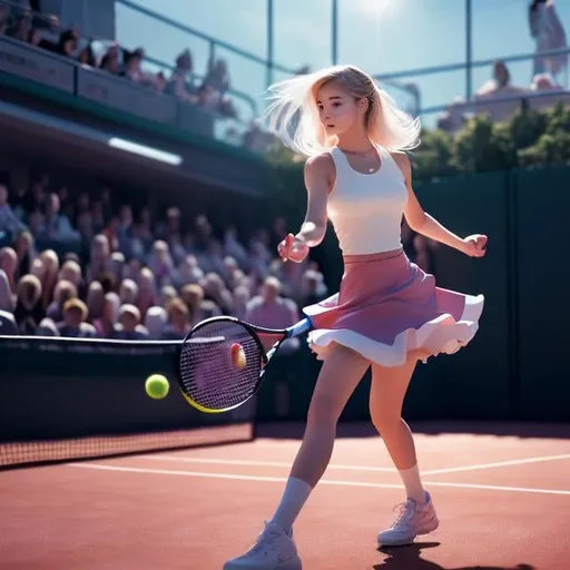 Prompt: Gerald Rose, Michael Sparks, Norman Saunders, Surreal, mysterious, strange, fantastical, fantasy, Sci-fi, Japanese anime, beautiful blonde miniskirt girl Alice enjoying tennis, perfect body, dynamism, Alice wins and the audience goes wild, hyper detailed masterpiece high resolution definition quality, depth of field cinematic lighting magic realism colour drawing