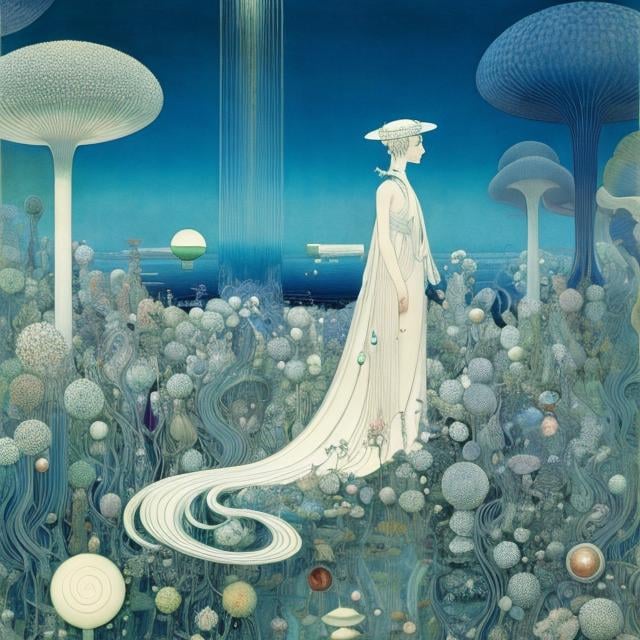 Prompt: Kay Nielsen,Hiro Fujiwara Surreal, mysterious, strange, fantastical, fantasy, Sci-fi, Japanese anime, Earth's immune system, invasion from outer space, beautiful girl, perfect volume body, detailed masterpiece 