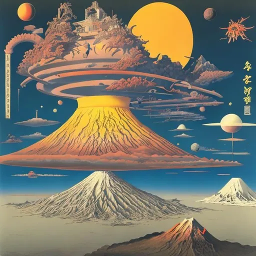 Prompt: Tadanori Yokoo, Alice Boyd, Surreal, mysterious, bizarre, fantastical, fantasy, Sci-fi, Japanese anime, Buddhist cosmology, Mt. Sumeru and paradise. Mt. Sumeru is about 560,000 kilometers high, and is an imaginary high peak where Tenjin and others live. There are 3,000 magnificent universes centered around Mt. Sumeru. A thousand worlds, reincarnation, hell, the infinitesimal sun and moon, Alice, a beautiful blonde miniskirt girl who attains enlightenment, perfect body, detailed masterpiece 
