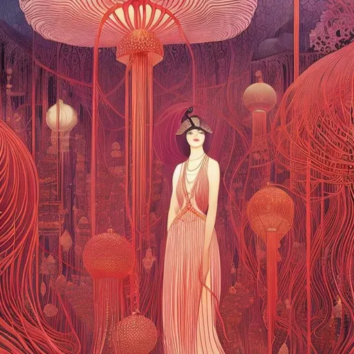 Prompt: Kay Nielsen, Anne Anderson, Koloman Moser, Adrienne Segur, fallen angel girl, night in Tokyo, jellyfish, red mars, panorama, hand drawn illustration 