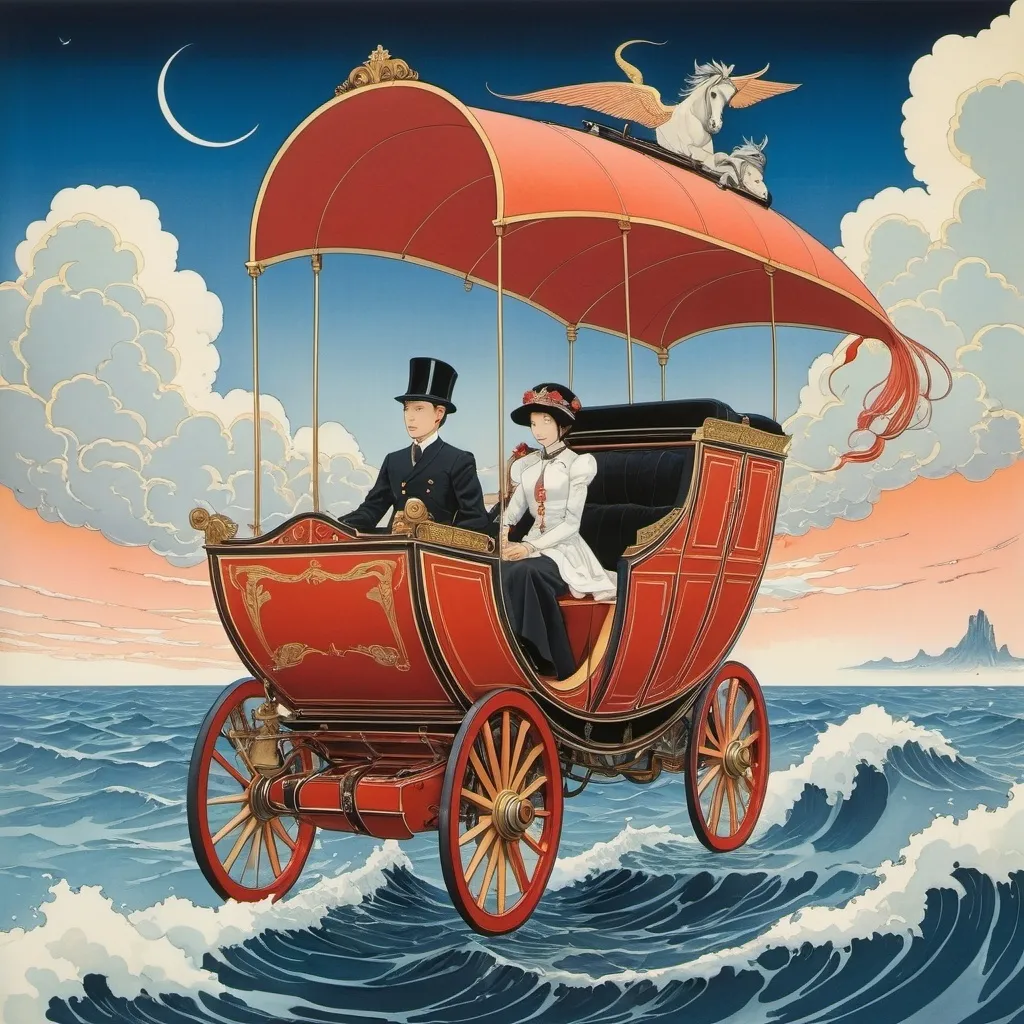 Prompt: George Barbier, Zdzisław Witwicki, Renato Fratini, Keiichi Okamoto, Jan Marcin Szancer, Surrealism, Mysterious, Bizarre, Outlandish, Fantasy, Sci-fi, Japanese Anime, Horse-drawn carriage journey to the place where the sea and sky meet, Race with the Sky Whale, Summer Vacation and Experiments of a Beautiful Miniskirt High School Girl, perfect voluminous body, detailed masterpiece low high angles perspectives 