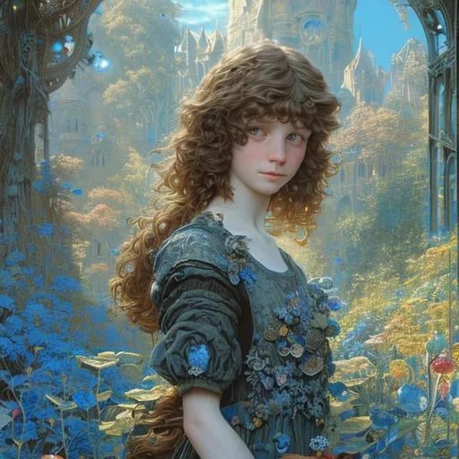 Prompt: Christian Riese Lassen, Charles Robinson, Eleanor Fortescue-Brickdale, surreal　fanciful　wondrous　strange　Whimsical　Sci-Fi Fantasy　hi-school girl　A dark-haired　Autumn leaves with short hair　Circular Theater　hour glass　blue-sky　Hyperdetailed high definition high resolution high quality masterpiece